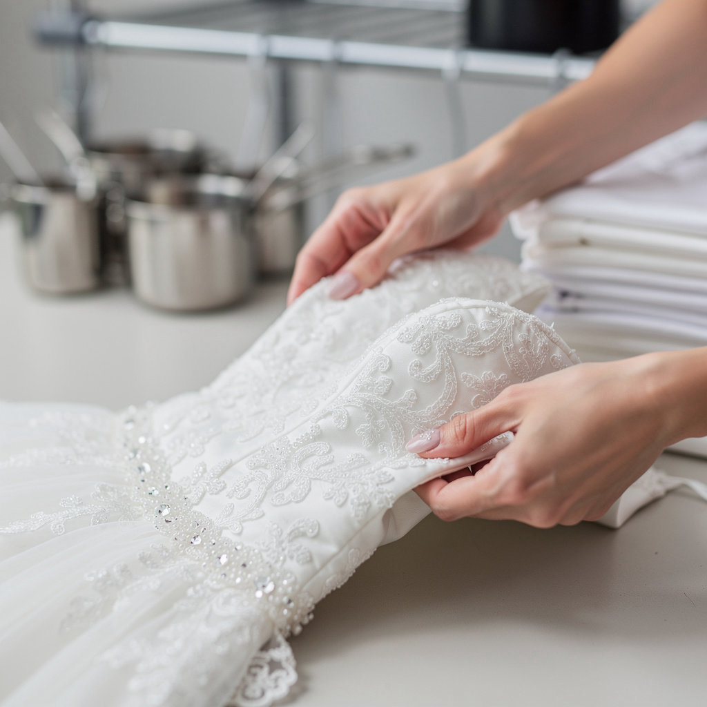 New Life Cleaners and Laundry expert handling specialty wedding dress preservation and leather cleaning services in San Diego